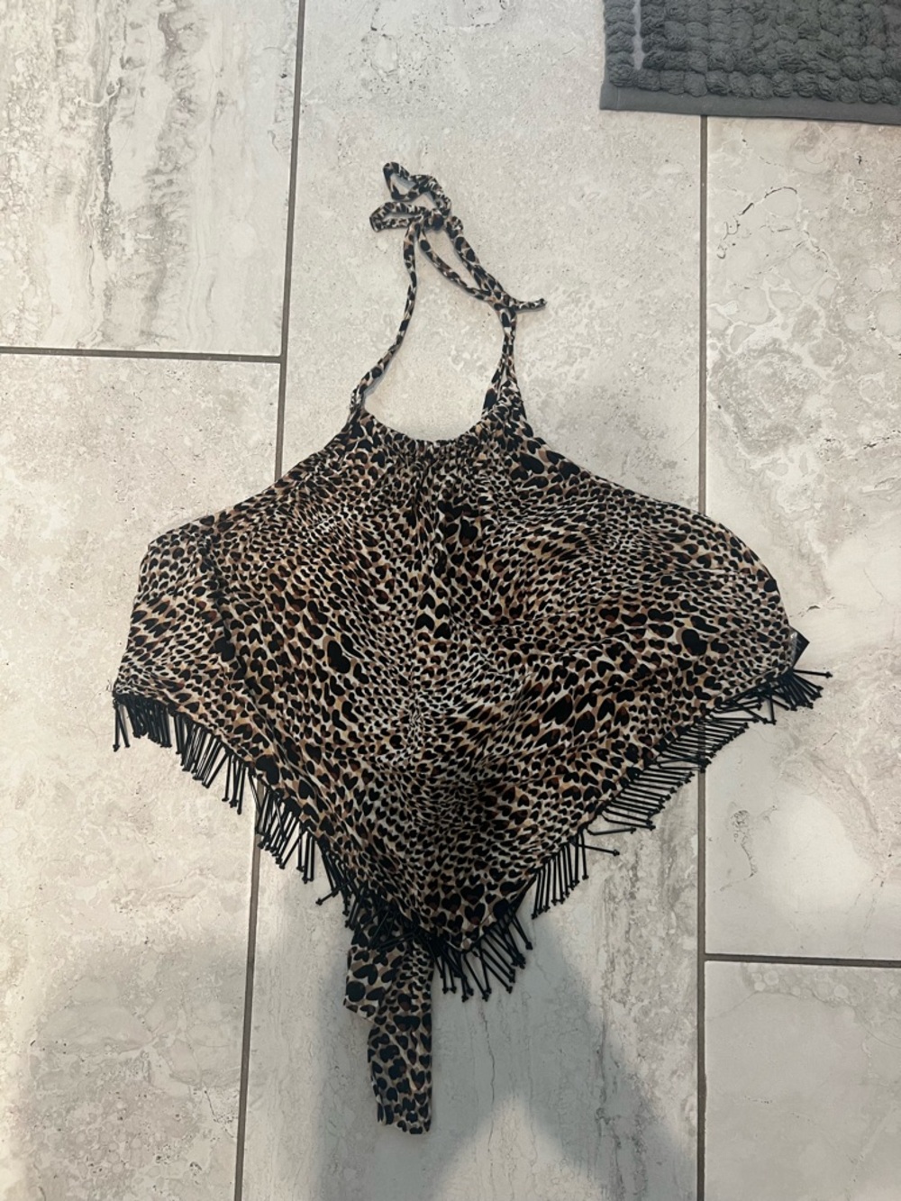 Nasty Gal Leopard Print Fringe Halter in Tan & Black
